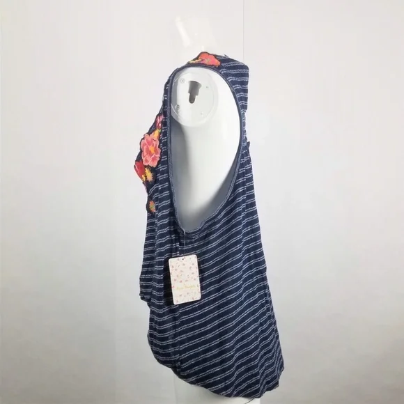 Free People Tank Top Womens Small Blue Striped Sleeveless Frida Embroidered - Picture 2 of 5